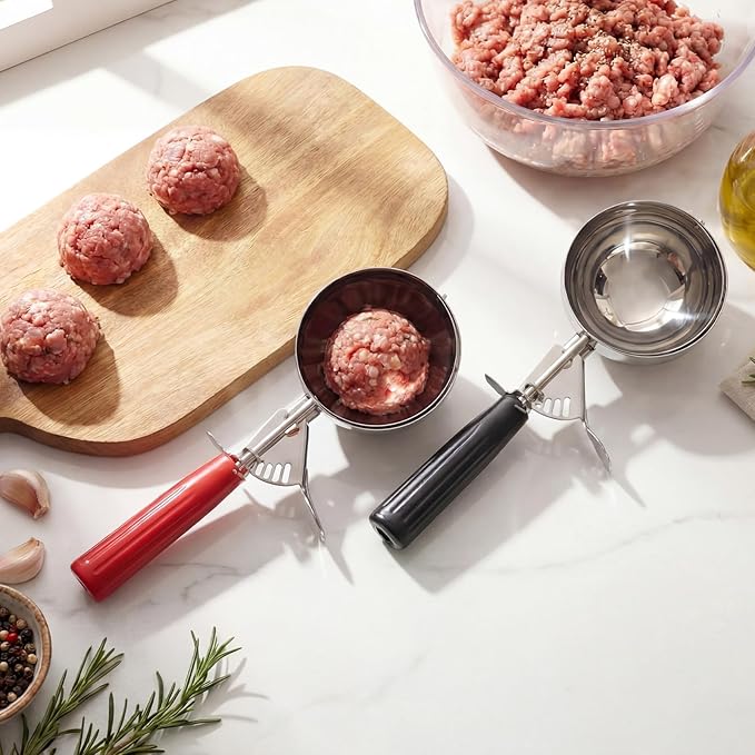 2 Pcs 8 Ounce Portion Scoops Ice Cream Scooper with Trigger Stainless Steel Portion Control Scoop for Restaurant, Baking Food, Cookie Dough, Cupcake Batter (Black,Red)