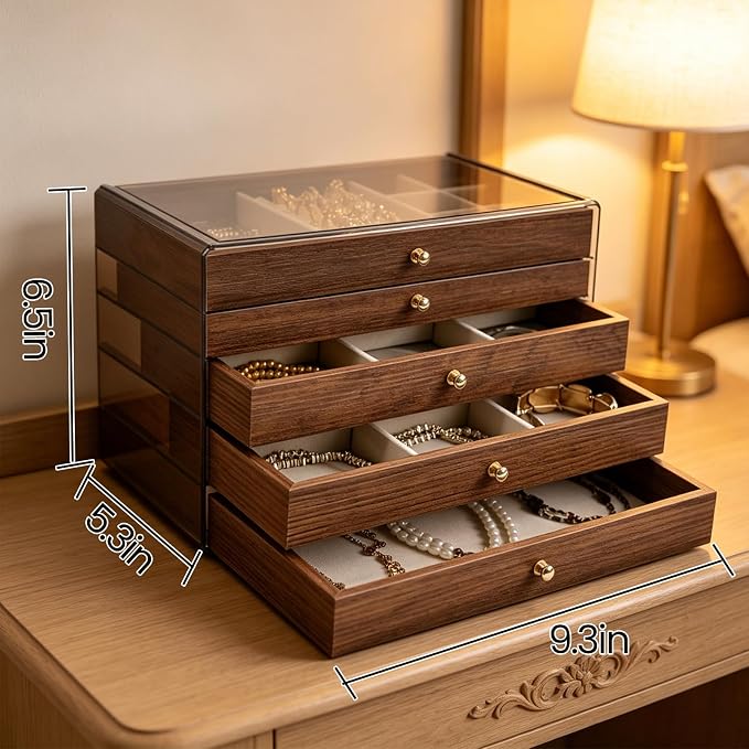 Greenfeather Jewelry Box Organizer with 5 Drawers, Jewelry Organizers and Storage with Acrylic Lid Vintage Jewelry Drawer Organizer Earrings Rings Necklace Bracelets Gift Idea for Women and Girls