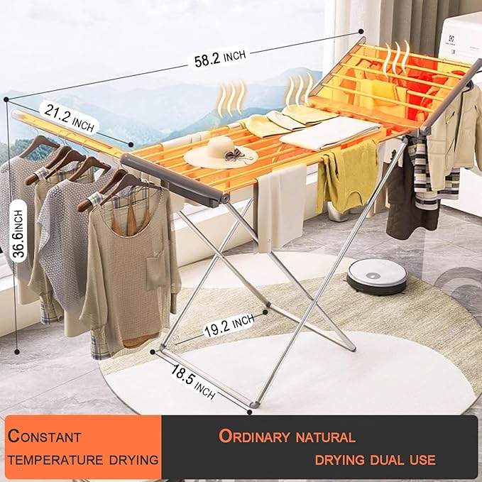 (1 Pack) Heated Clothes Drying Rack, Folding Electric Clothes Rack, Collapsible Laundry Drying Rack, Free Standing Heating Garment Dryer Towel Rail Space Saving for Home Indoor Outdoor