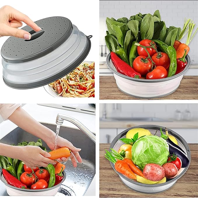 Microwave Splatter Cover Vented for Food, Splatter Guard & Colander Kitchen Gadget for Fruit Vegetables Microwave Plate Cover with Hook Hole,Dishwasher-Safe,BPA-Free Silicone & Plastic (2 Pack)