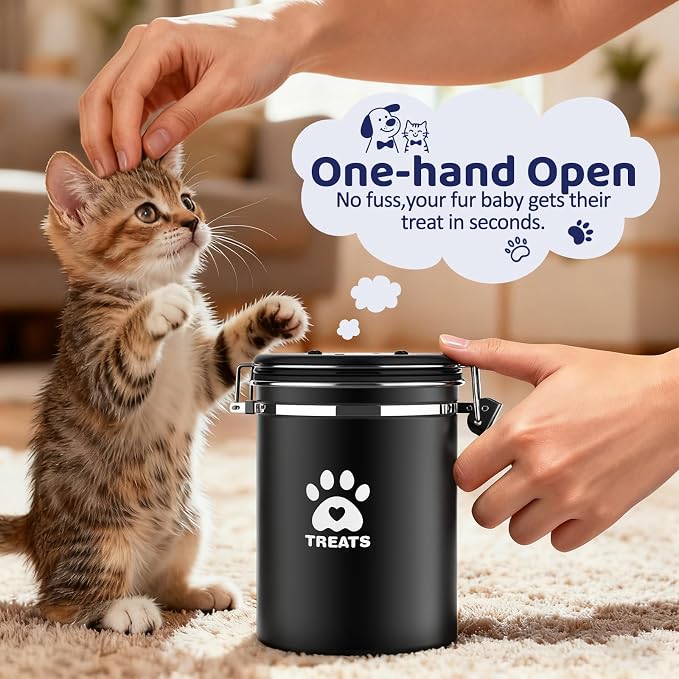 ENONCI Dog Treat Container Airtight- 7.2"x4.7" Large Stainless Steel Cat Treat Jar for Kitchen Counter with Scoop, Pet Storage for Fresh Dog Cookie