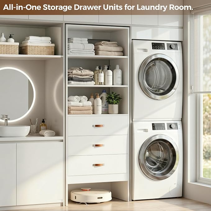 Armocity Freestanding 2FT Closet System with Leather Handles, 24" Walk-in Closets Storage Unit with Cabinet, Wood Wardrobe Closet Organizer and Storage with 3 Drawers for Small Space, Laundry, White