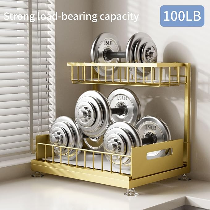 Saydear L-Shaped Under Sink Organizer, 2-Tier Pull-out Cabinet Rack 1-Pack | Gold Height-Adjustable Steel Rack, Sliding Grid Drawers with PP Liners, Holds 100 Lbs, Suction Base, Ideal Kitchen Storage