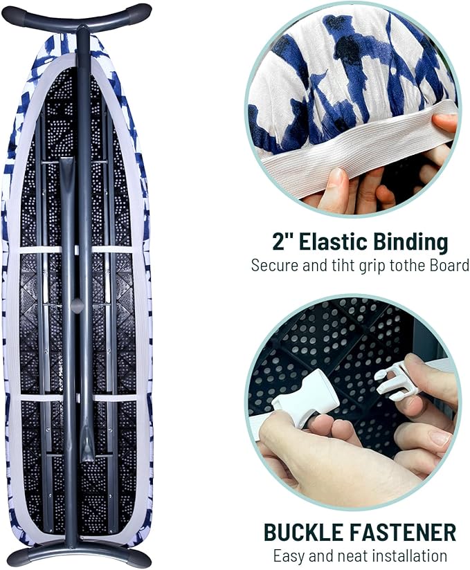 BNDX Ironing Board Cover Standard Size Reflective 4 Layers Thick Padding with 2" Elastic, Stain Resistant & Durable Scorch, 2 Buckle Type Click-to-Close for Smooth Iron/Easy Installation, White Dot