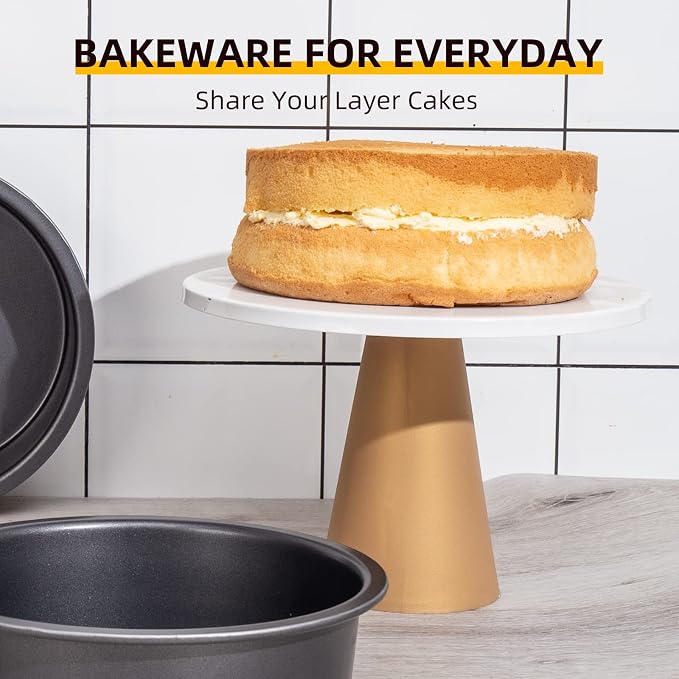 HONGBAKE Round Cake Baking Pan, 8 Inch, Shallow Cookie Pans, Layer Cake Pans with Wider Grips, Nonstick Circle Pizza Tin, Huty Duty, Dishwasher Safe, 2 Pieces- Grey