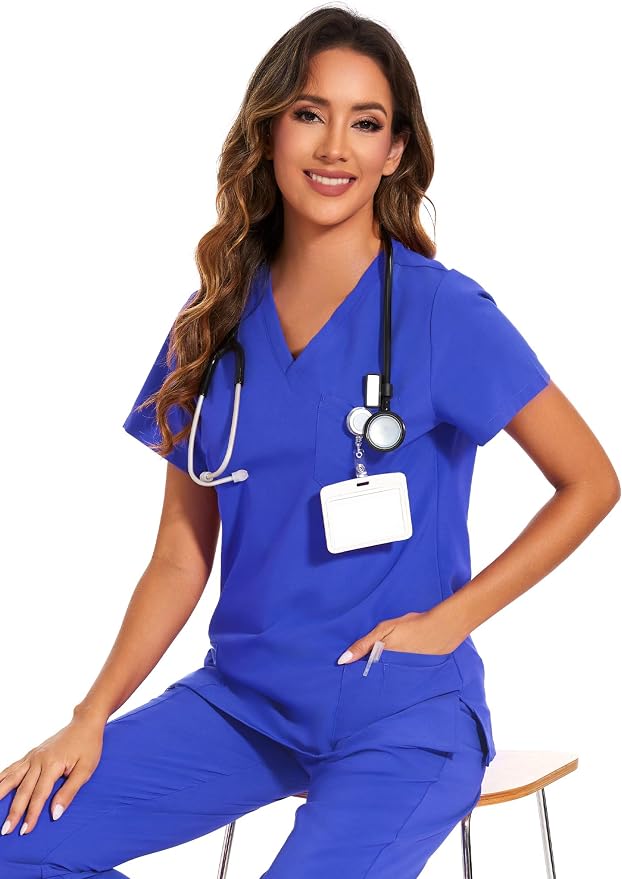 Scrubs Tops for Woman - Soft Stretch, V-Neck Tops | 3 Pockets, Side Split Design, Short Sleeve, Breathable & Lightweight Nursing Shirt, Easy-Care Fabric for All-Day Comfort