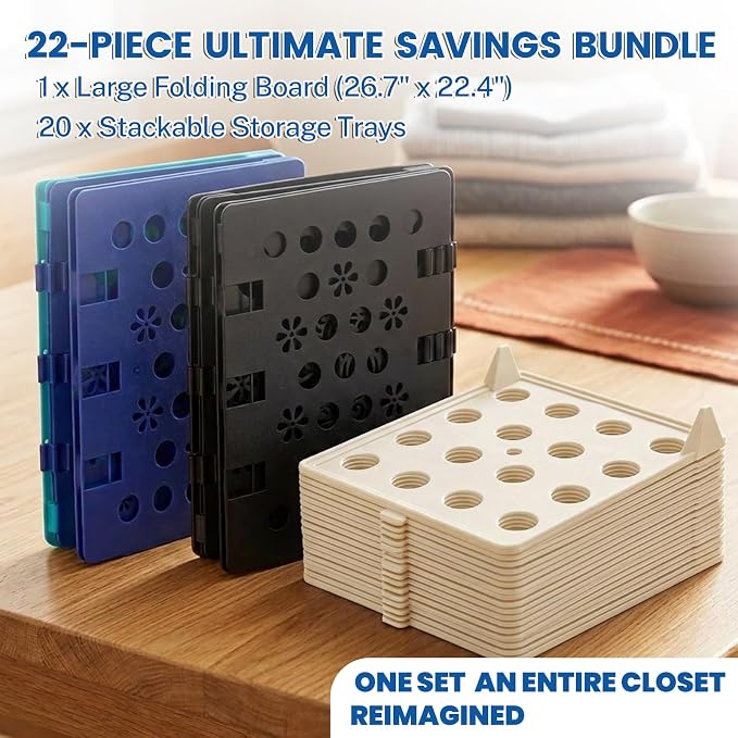 22 Pcs Clothes Organization Set - 2 Large Shirt Folding Board 27" X 23" & 20 Pack Stackable T-Shirt Organizer Trays, Durable Plastic Laundry Folder and Closet Storage System for Shirts, Pants, Towels