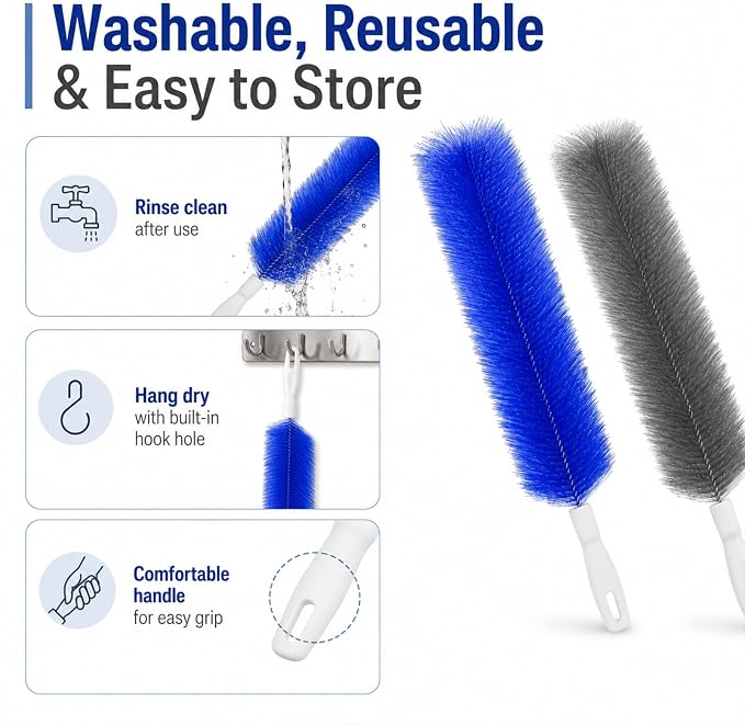 Cartorya Cleaning Brush, Bendable Microfiber Fan Duster for Ceiling Fan Blades, Air Vents, Window Ac, Curtains and Car Interior, Reusable Tool，Two Blue