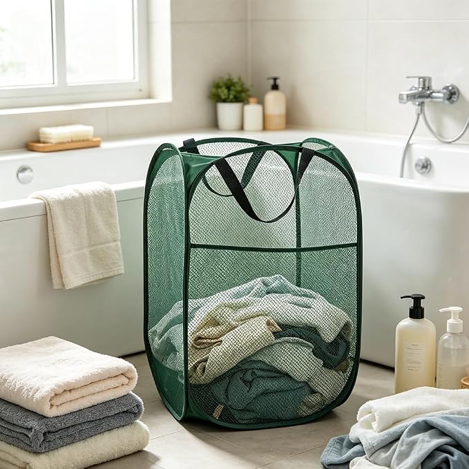 Larpur Pop Up Laundry Hamper Collapsible Mesh Clothes Basket, Dark Green | Portable Laundry Hamper Foldable Dirty Clothes Hamper Storage for Home, Dorm, Travel, Cruise