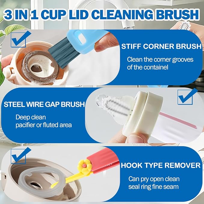 3 in 1 Cup Lid Cleaning Brush, 8PCS Multifunctional Crevice Cleaning Brush for Tumbler Water Bottle Lid, Deep Clean Tool for Home Kitchen, Red, Blue, White, Orange