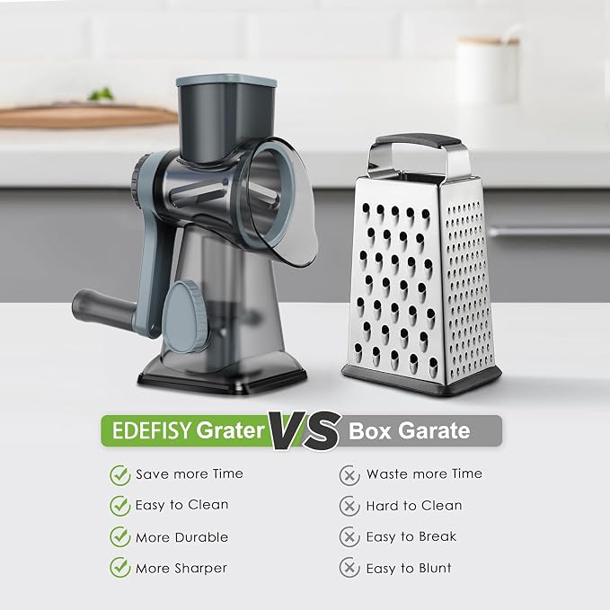 Cheese Grater Hand Crank Rotary Vegetables Shredder with Handle | 3-in-1 Graters, Interchangeable Blades, Non-slip Base, Multifunctional Slicer