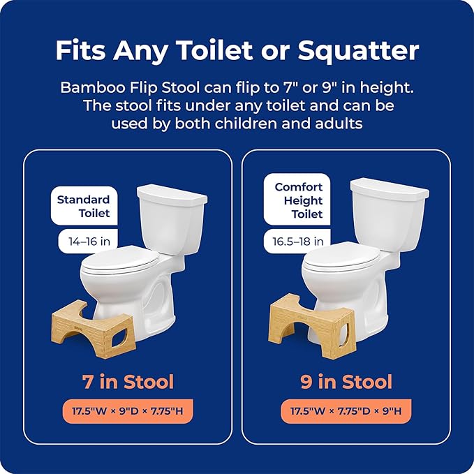Squatty Potty Bamboo Flip Stool (7″ & 9″ Adjustable) + Plant‑Based Flushable Wipes Bundle — Enhanced Bathroom Posture & Fresh Clean