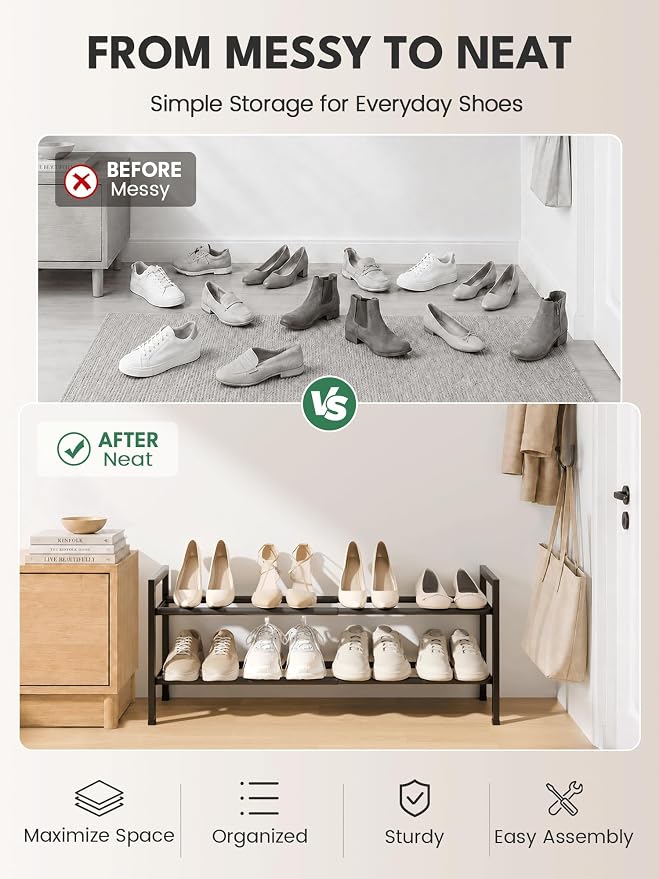 Bumusty 2 Tier Expandable Shoe Rack for Closet, 18“-33” Adjustable Shoe Rack for Small Space, Small Shoe Organizer for Front Door, Sturdy Metal, Black