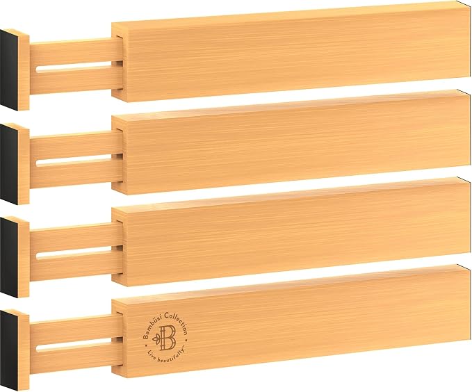 4 Pack Bamboo Drawer Dividers - Adjustable 16 to 22 Inch Expandable Drawer Organizer, Spring Loaded 2.6 Inch High Kitchen Drawer Dividers and Dresser Separator for Clothes, Bedroom, Bathroom, Office