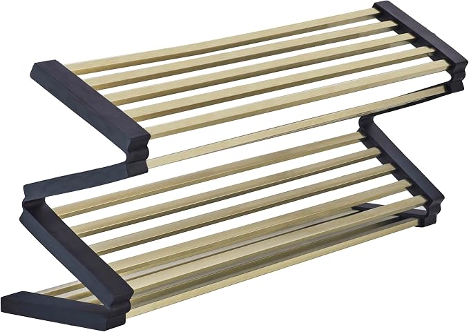 Foldable Over Sink Dish Drying Rack, 304 Stainless Steel Kitchen Drain Rack for Tableware, Detachable Silicone Edge, Rectangular Tubing (Brushed Gold, 4 Fold 17.72" x 15.36")
