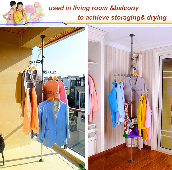 BAOYOUNI 4-Tier Drying Rack Floor to Ceiling Adjustable Metal Grey | Metal Corner Tension Pole，Floor to Ceiling Adjustable ， Space-Saving Laundry Organizer，No Drilling Required