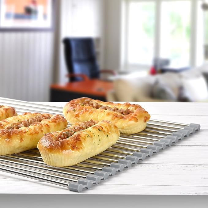 Hhyn Roll Up Dish Drying Rack 20.5"(L) x 13.8"(W) - Stainless Steel and Silicone Dish Drying Mat Over The Sink Foldable Drain Rack Multipurpose Dish Drainer Extra Large, Gray