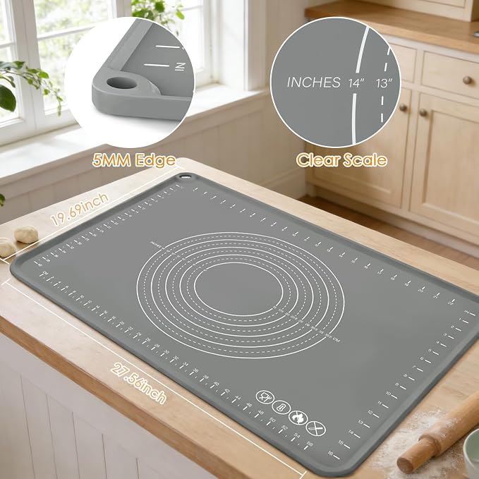 Extra Large Silicone Pastry Mat 20" x 28", Thick Baking Mat with Measurements and Edge Heightening, Non-Slip Food Grade Silicone Pad for Dough Kneading, Rolling Pie Crust, and Countertop Protection
