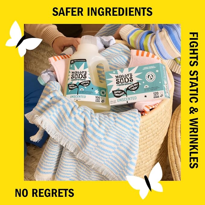 Molly's Suds Fabric Softener Dryer Sheets for Sensitive Skin | Plant-Based Static Reducer, Plastic-Free Packaging | Unscented (120 Sheets)