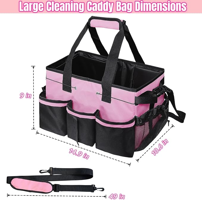 BLIRITEL Large Cleaning Caddy Bag with Handle, Cleaning Caddy Organizer with Shoulder Strap, Multi-Compartment Cleaning Supply Tote for Cleaners & Housekeepers (Pink)