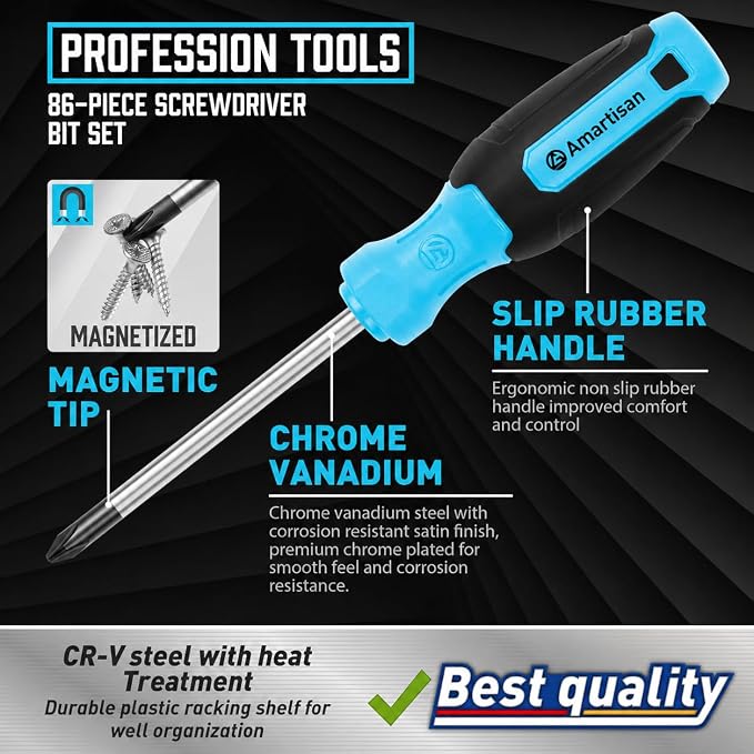 Amartisan 86-Piece Magnetic Screwdrivers Set with Case | Includs Slotted, Phillips, Hex, Pozidriv,Torx and Precision Screwdriver, Magnetizer Demagnetizer Tools, Tools for Men(Blue)