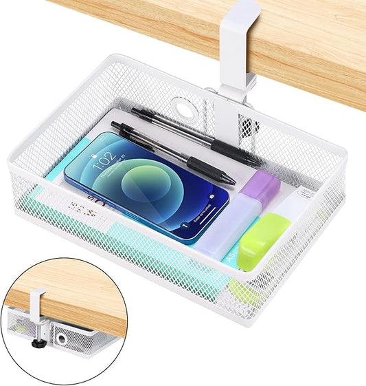 ROSYLINE Under Desk Storage Basket Hanging Drawer Tray, Clamp On Organizer | Thickened C-Clamp, High Load No Deformation Sag-Proof, Steel Construction, Clip-On No Drill Mount, Office & Household Storage