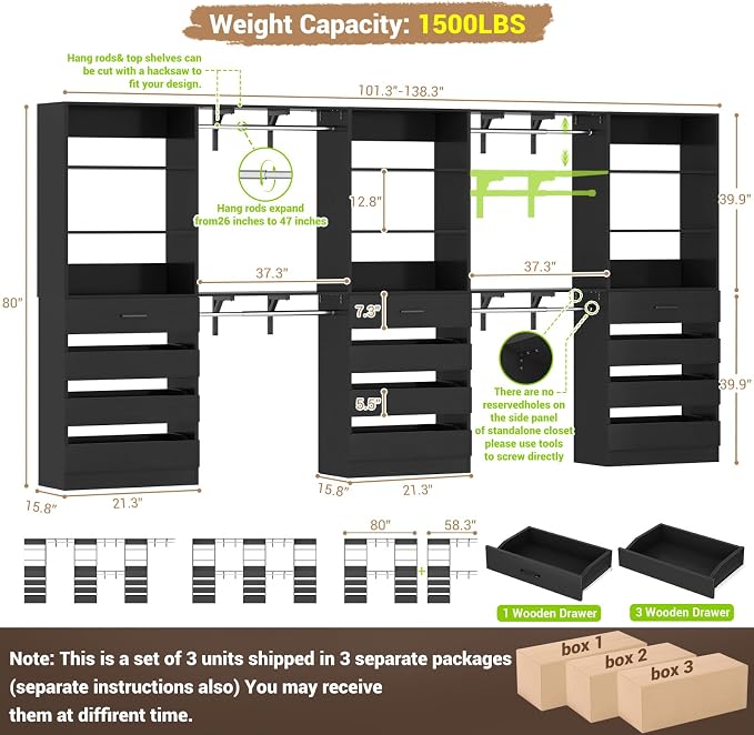 Aheaplus Closet System with 12 Drawers, 138.5" Wood Closet Organizer System with 4 Hanging Rods & Top Shelves, 6.7+4.85Ft L Shaped Corner Walk-in Closets Wardrobe Organizer Rack, Set of 3, Black