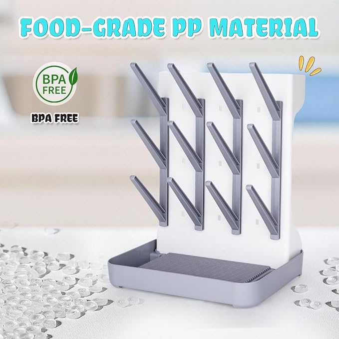Baby Bottle Drying Rack: Space Saving Vertical Bottle Drying Holder with Brushes Holder - Large Bottle Storage Holder Organizer 12 Bottles & Baby Accessories,BPA-Free, Gray