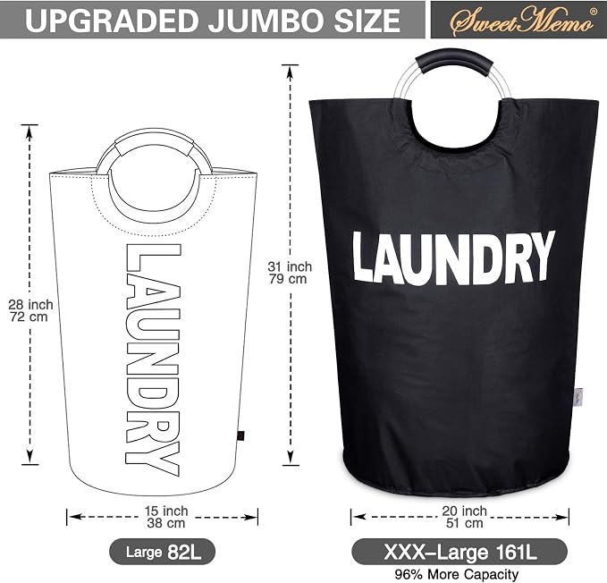 Oversized Laundry Basket, Huge Laundry Hamper Bag with Handles, 160L Black | Freestanding Tall Dirty Clothes Hamper, Collapsible and Portable Laundry Bin for Dorm and Bedroom, Thick Double layer Fabric
