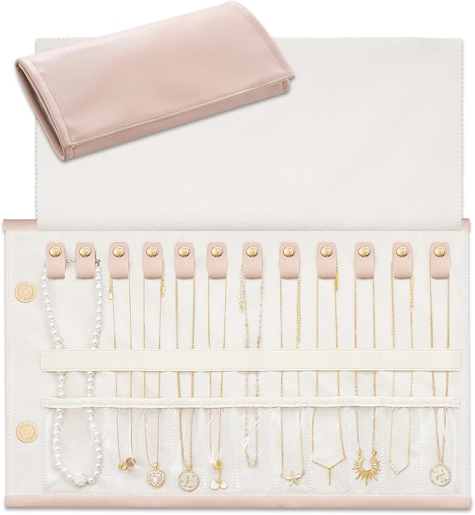 Lolalet Travel Necklace Organizer, Foldable Jewelry Case, Pink, 12 Slots | Tangle-Free, Roll Up, PU Outer, Velvet Lining, Space-Saving, for Chains Bracelets, Gift for Women Girls Daughters Friends
