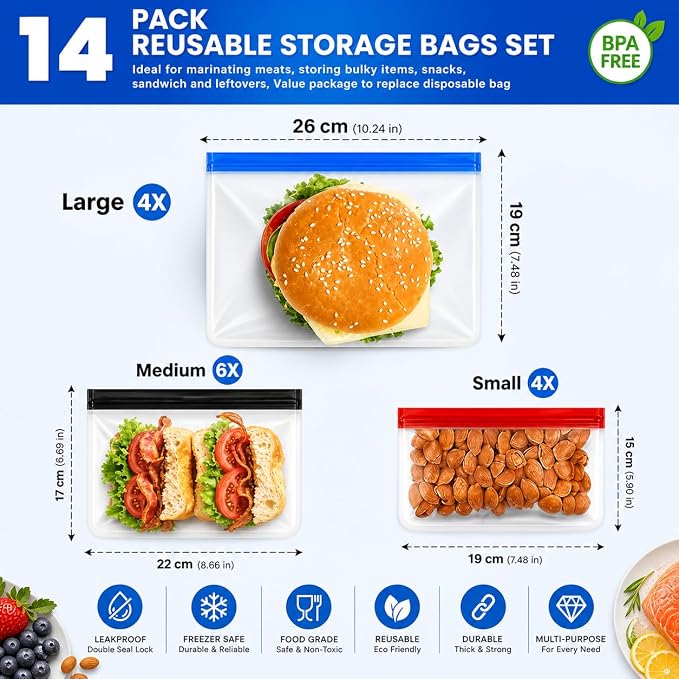 Reusable Silicone Food Storage Bags – 14-Pack Ziplock Set (4 Small, 6 Medium, 4 Large), BPA-Free Leakproof Freezer Bags, Extra Thick & Durable, Dishwasher Safe for Meal Prep, Snacks, Travel