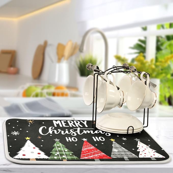 Christmas Tree Black Dish Drying Mat for Kitchen Countertop 18x24 Winter Snowflake White Xmas Large Drying Mat Reusable Quick Dry Dish Sink Mats Easy Clean Decorative Essentials