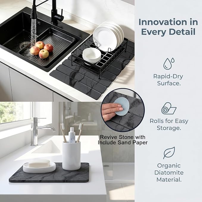 Large Stone Dish Drying Mat for Kitchen Counter, Quick Dry Stones Dishes Mats, Foldable Water Absorbing Diatomaceous Earth Drying Pad for Plate Rack Bottles Utensils (Dark Gray 24"×16" & 8"x4")