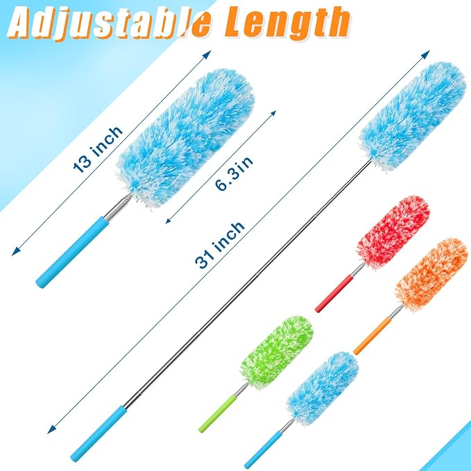 Tanlade 12 Pcs Microfiber Feather Duster for Cleaning, Extendable 13-31 Inch Ceiling Fan Duster with Bendable Head, Washable Tools for Ceiling Fans, Furniture, Car, Cobwebs (Bright Color)