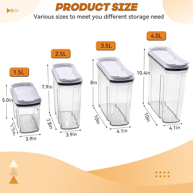 Cereal Containers Storage Set, Airtight Food Storage Container with Lid 4L/135.2oz,4PCS BPA-FREE Plastic Pantry Organization Canisters for Rice Cereal Flour Sugar Dry Food in Kitchen