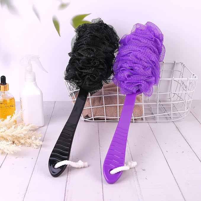 Back Scrubber Brush Long Handle for Shower, Loofah On a Stick Sponge Back Brush, Body Exfoliator Scrubber Bath Brush for Men Women, Exfoliating Cleaning Back Scrubber (2 Pack-Black+Purple)