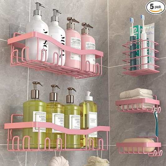 Youvip Adhesive Shower Caddy, No Drilling Bath Organizers 5 Pack, Rustproof Shelves with Soap Holder & Toothbrush Holder, Pink Bathroom Accessories Decor Set