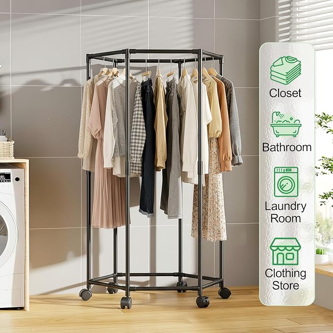 Clothes Rack with Wheels, Hexagonal Rolling Clothing Rack for Hanging Clothes, Clothes Drying Rack, Garment Storage for Bedroom, Laundry, Balcony (47" H)