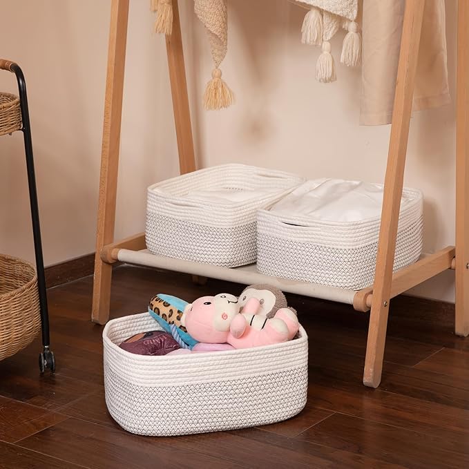 OIASKET Storage Baskets for Organizing 3 Pack, Woven Baskets for Shelves, Closet Organizer Bins Empty Gift Basket Toy Storage for Toys, Books, Towels, Clothes, 15"x11.42"x6.7", White & Black