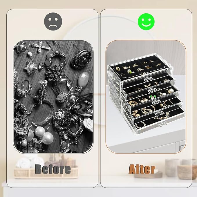GUOER Earring Organizer, Acrylic Jewelry Box with 5 Drawers for Women,Black | Clear Earring Holder Organizer Box, Stud Earring Ring Display Storage Case Large, Adjustable Velvet Trays Girls Gifts