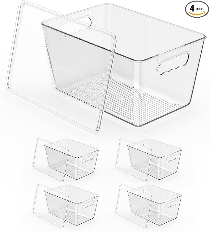 4 Pack Clear Stackable Storage Bins with Lids, Large Plastic Pantry Organizers and Storage Containers for Kitchen Cabinet, Fridge, Closet, Bathroom - BPA-Free Home Organization Must Haves