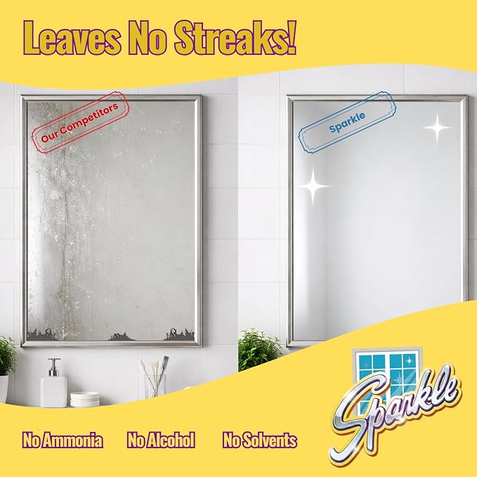 Sparkle Ammonia-Free Glass Cleaner Refill, Heavy Duty Streak-Free Window & Mirror Cleaner Spray, Original Formula, 2L Bottle (Pack of 6)