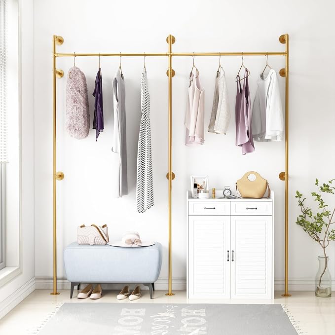 ORSENIGO Industrial Pipe Clothing Rack, Heavy Duty Clothes Rack for Hanging Clothes, Wall Mounted Display Garment Rack for Home Retail Boutique (Double, Gold)