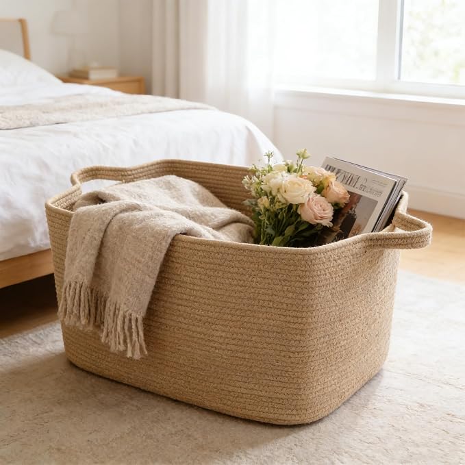 96L Woven Laundry Basket with Handles, Extra Blanket Basket,Jute | 24"×16"×15" Collapsible Cotton Rope Storage Basket for Toys Clothes & Pillows, Nursery, Bathroom, Bedroom, Living Room