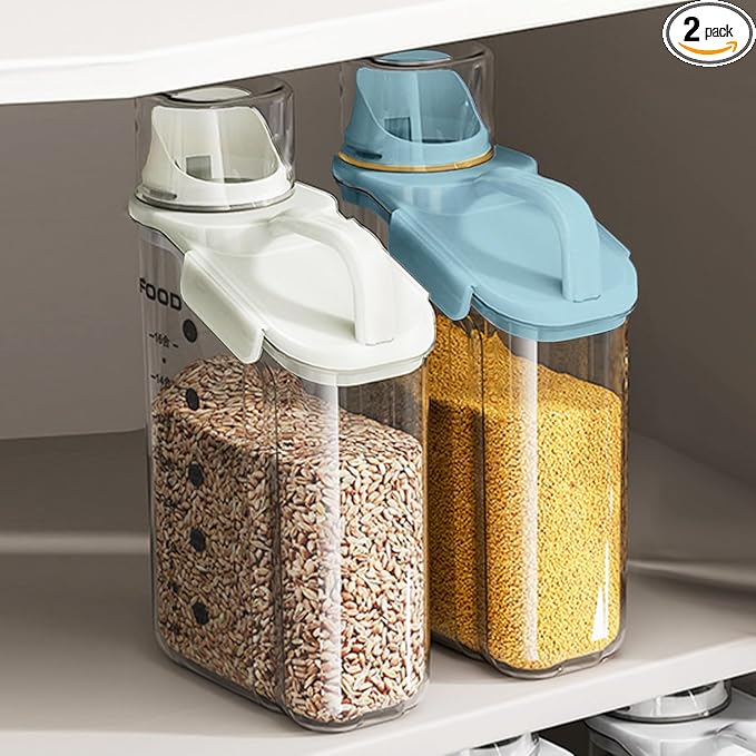 LANGMINGDE 2 PCS Airtight Storage Containers, 2.8L/95fl.oz Cereal Rice Holder, Dog Cat Food Dispenser with Measuring Cup, BPA Free Clear Plastic Kitchen Pantry Organization Bin, 1 Blue+1 White