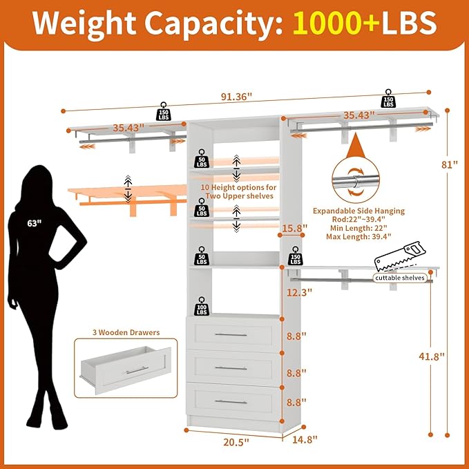 Closet System with Drawers, 4-8FT Closet Organizer System with Cuttable Shelves & 3 Expandable Hanging Rods, 96” Walk in Closet Organizer Storage System, Modular Closet Systems Adjustable, White