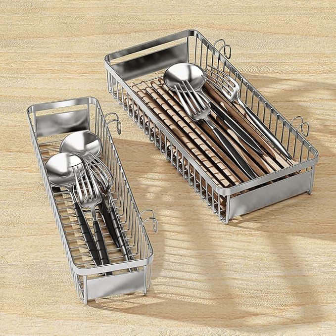 Dish Racks，304 Stainless Steel Utensil Holder, Utensil Drying Rack, Basket Holder with Hooks, Rust Proof