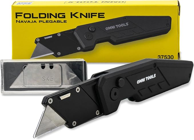 Heavy Duty Folding Utility Knife with 5 Replacement Blades, Quick Change Razor Box Cutter, Ergonomic Handle, Portable Pocket Cutter for Cardboard, Drywall, Plastic, Rope, Carpet and DIY Projects
