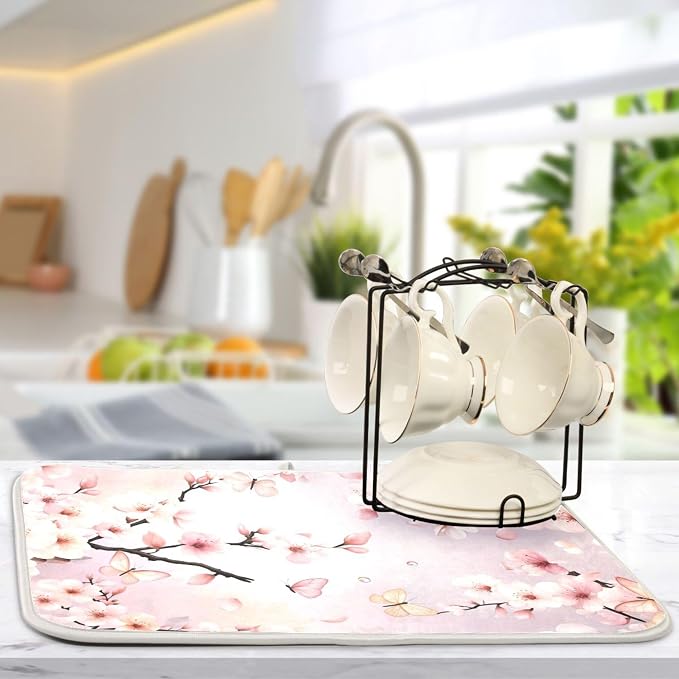 Cherry Blossoms Flowers Dish Drying Mat 18x24 for Kitchen Sakura Branch Pink White Floral Dishes Pad Dish Drainer Rack Mats Absorbent Fast Dry Kitchen Accessories