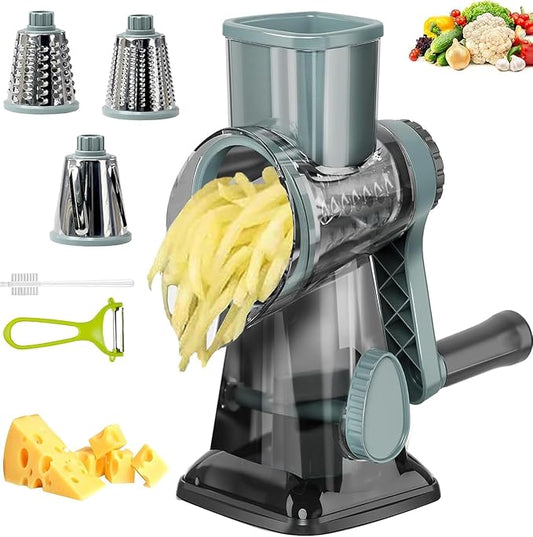 Cheese Grater with Handle,Multifunctional Rotary Cheese Grater | Powerful suction cup base,Effortless and time-saving,Protects your hands,Versatile,Detachable,Easy to clean